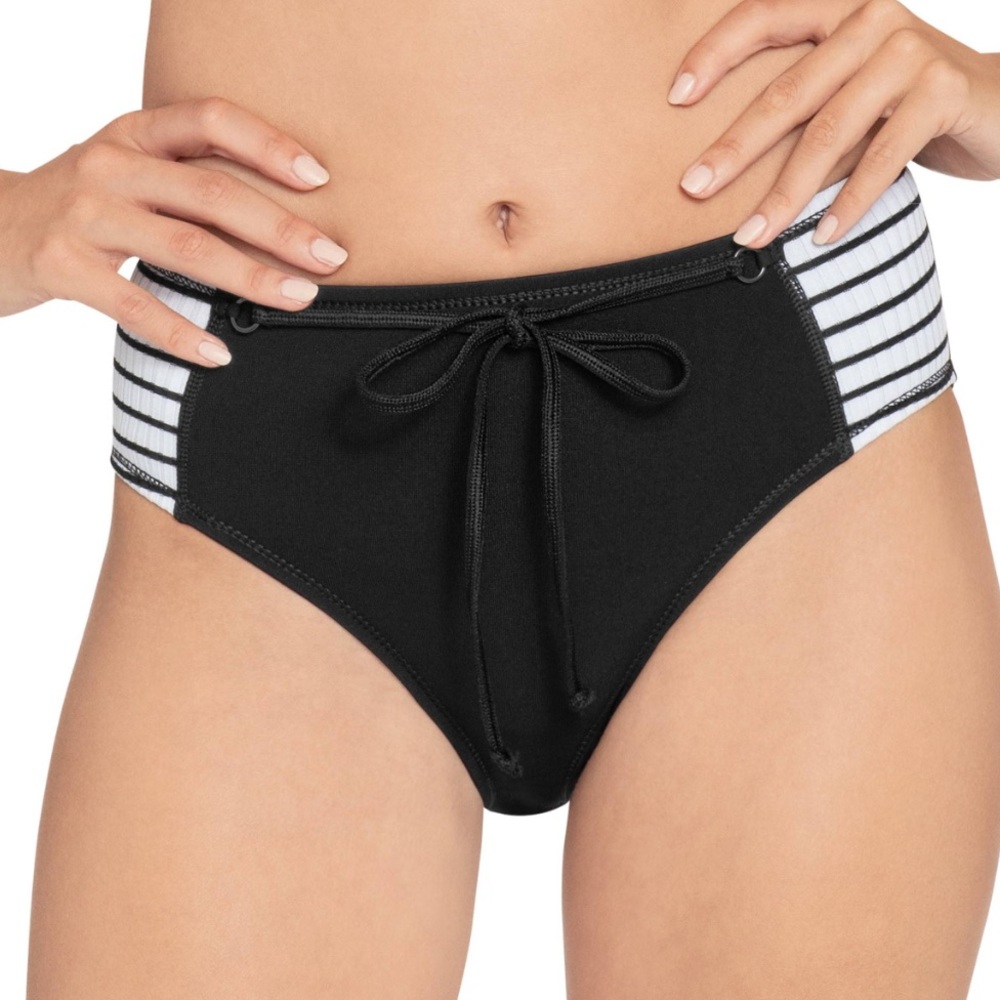 Robin Piccone Sailor High Waist Bikini Bottoms Black White NEW Size Medium